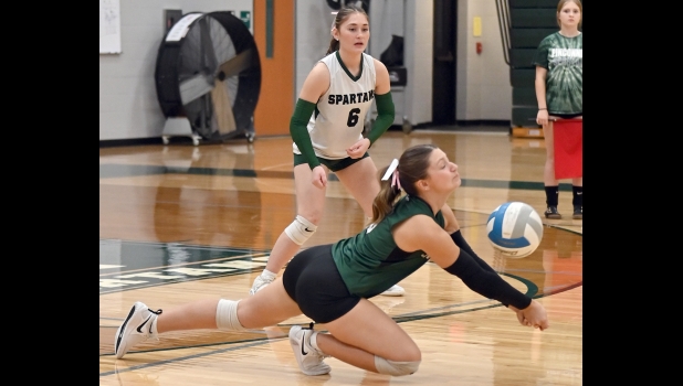 KATIE JOHNSON (#3) saved this one against the Shepherd Bluejays in last week’s penultimate Jack Pine Conference match.