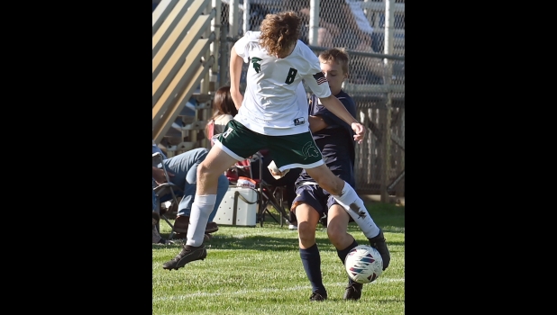 LANDON SCHUMANN (#8), cut off this Panther attacker to steal the ball in last Wednesday’s game at SSC.