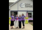 UNITED FINANCIAL CREDIT UNION PINCONNING STAFF (l-r) Caitlin (Branch Manager), Kaila (Member Service Representative), Sabrina & Kailee (Teller Service Representatives) prepare to cut the ribbon to officially open the Pinconning Branch of the Credit Union.